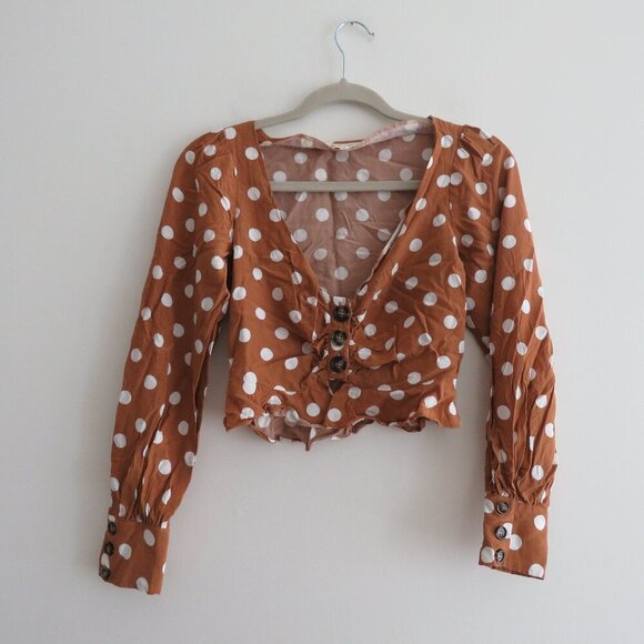 FOR LOVE & LEMONS Isabella Cropped Blouse in Mustard Polka Dot - Size XS - Picture 2 of 16